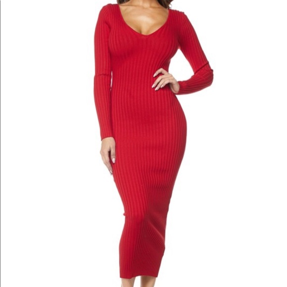 NWT RIBBED SWEATER DRESS WITH V NECK - Picture 1 of 3